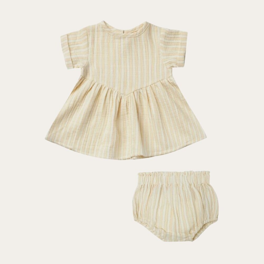 Quincy Mae vintage lemon stripe dress and bloomer set size 6-12 months